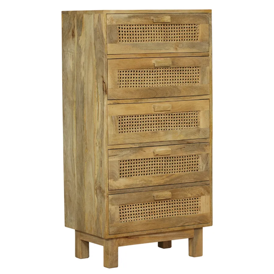 Byron Solid Wood Rattan 5 Drawer Chest Tallboy