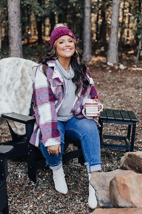 Cabin So Cozy Plaid Jacket In Wine Curves