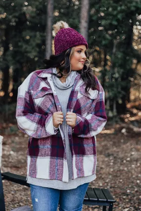 Cabin So Cozy Plaid Jacket In Wine Curves