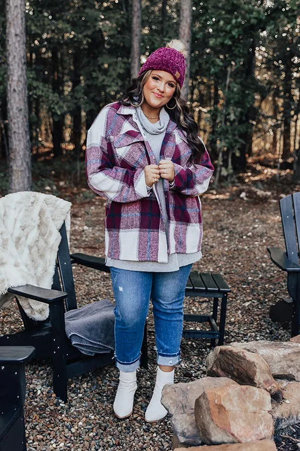 Cabin So Cozy Plaid Jacket In Wine Curves