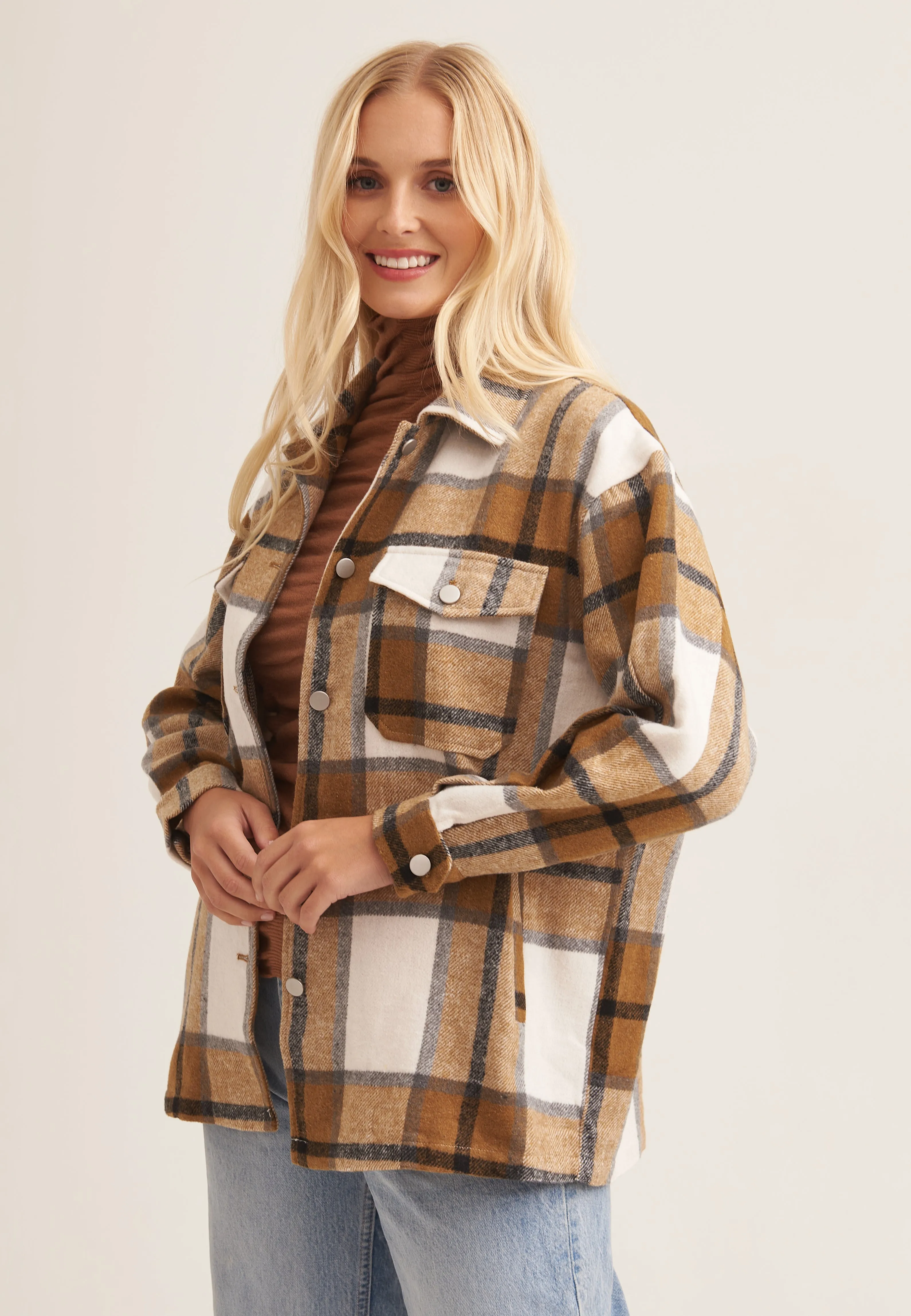 Camel Check Oversized Pocket Detail Shacket