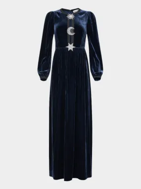 Camille Embellished Sun Moon Star Long Dress in Dark Navy