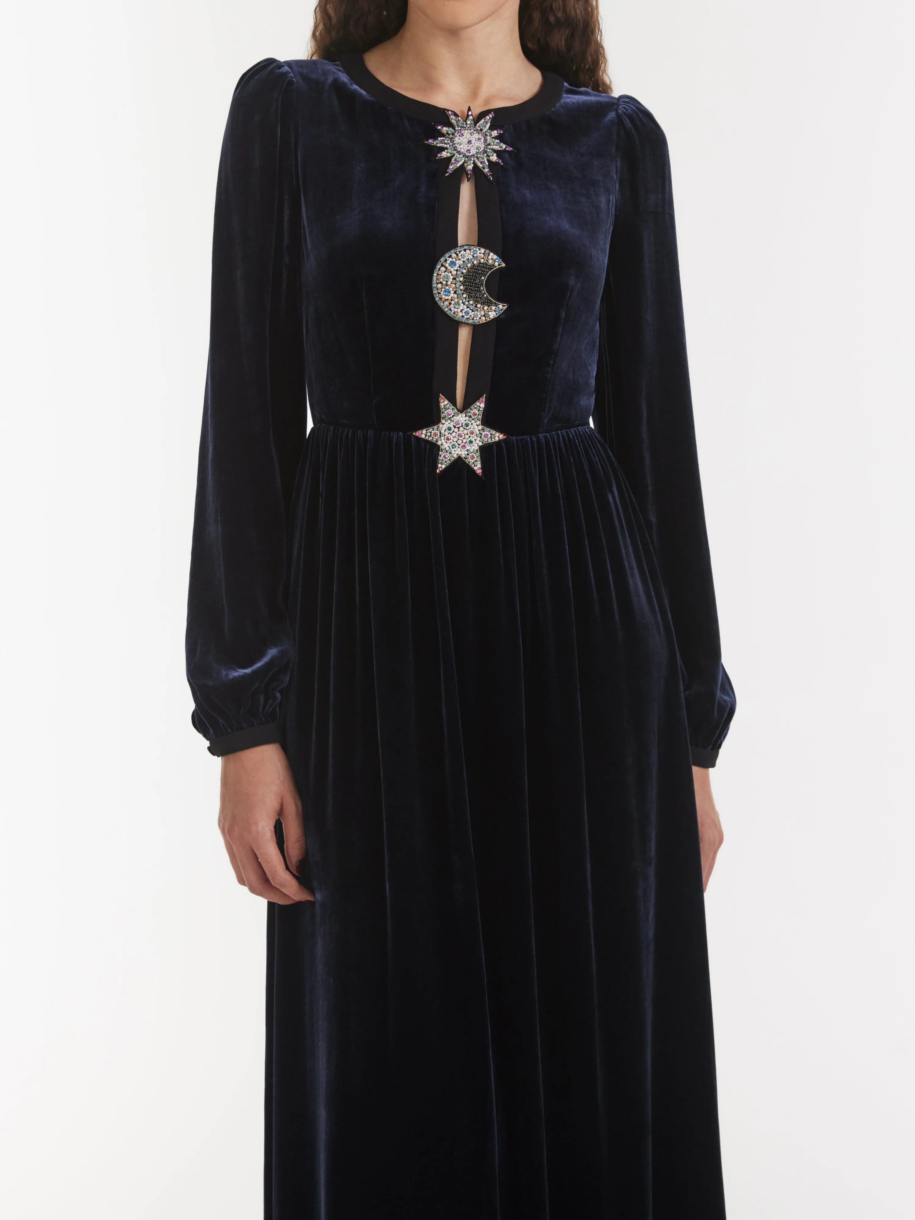 Camille Embellished Sun Moon Star Long Dress in Dark Navy