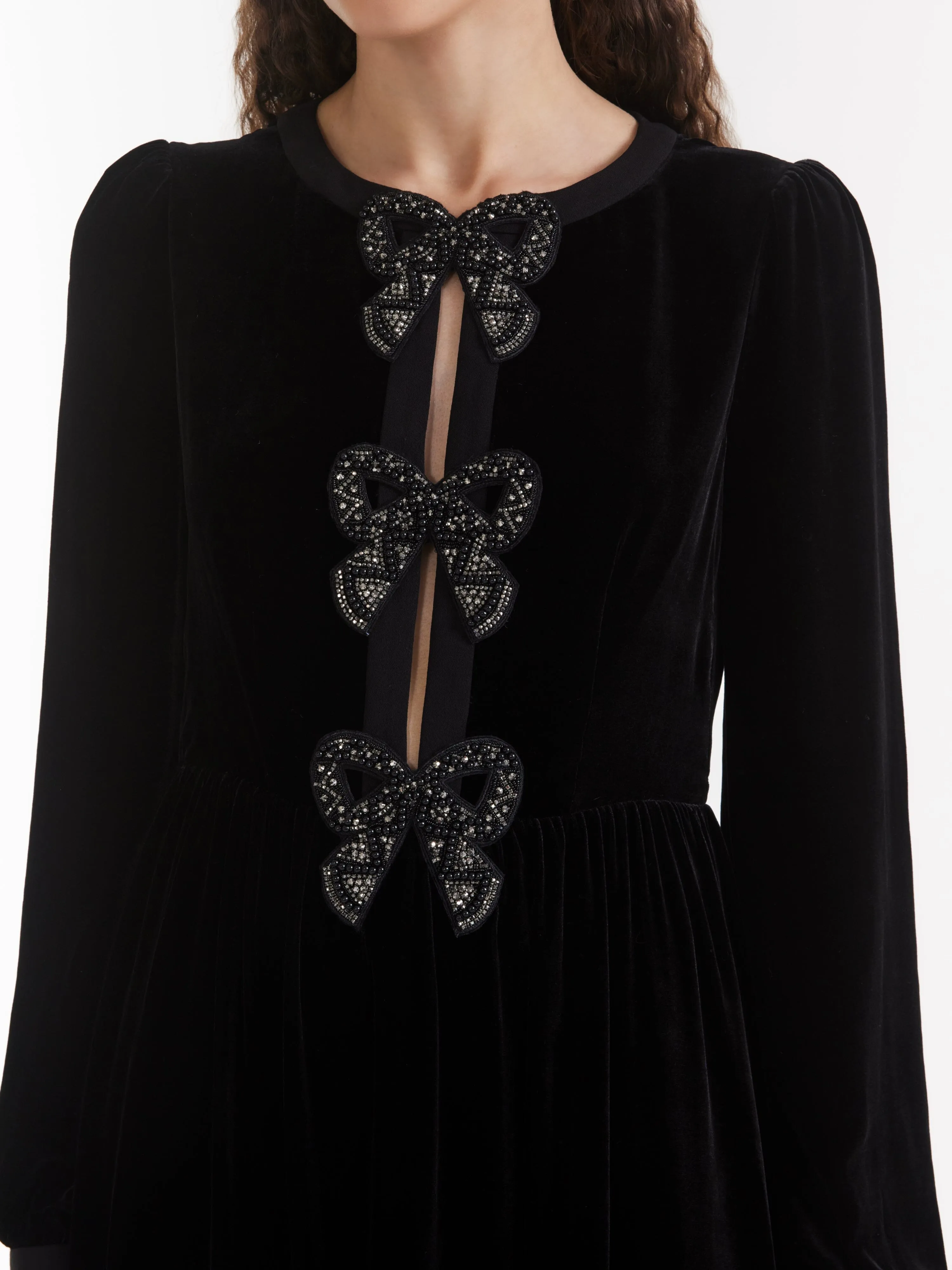 Camille Velvet Embellished Black Bows Long Dress in Black