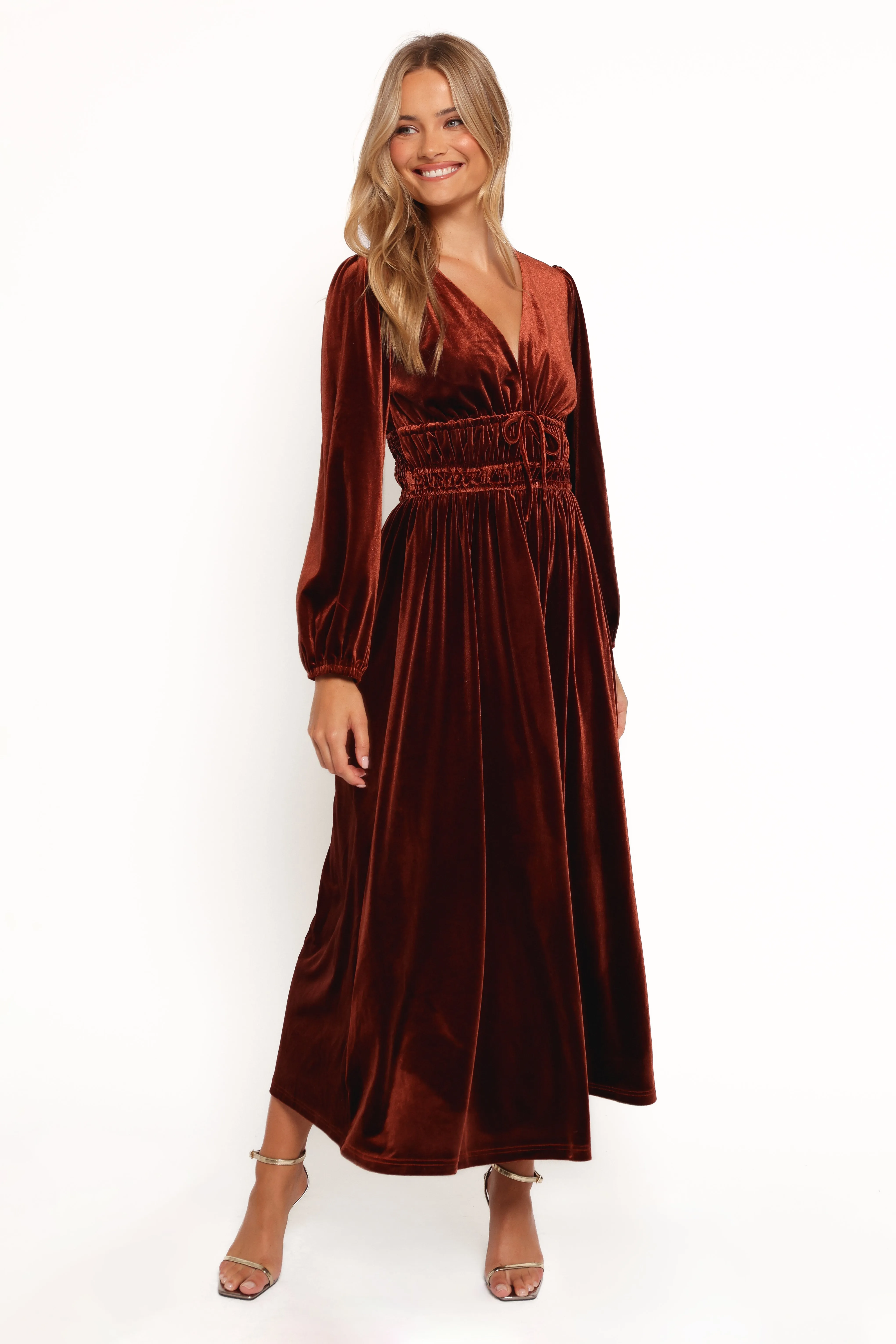 Cece Velvet Long Sleeve Maxi Dress - Rust