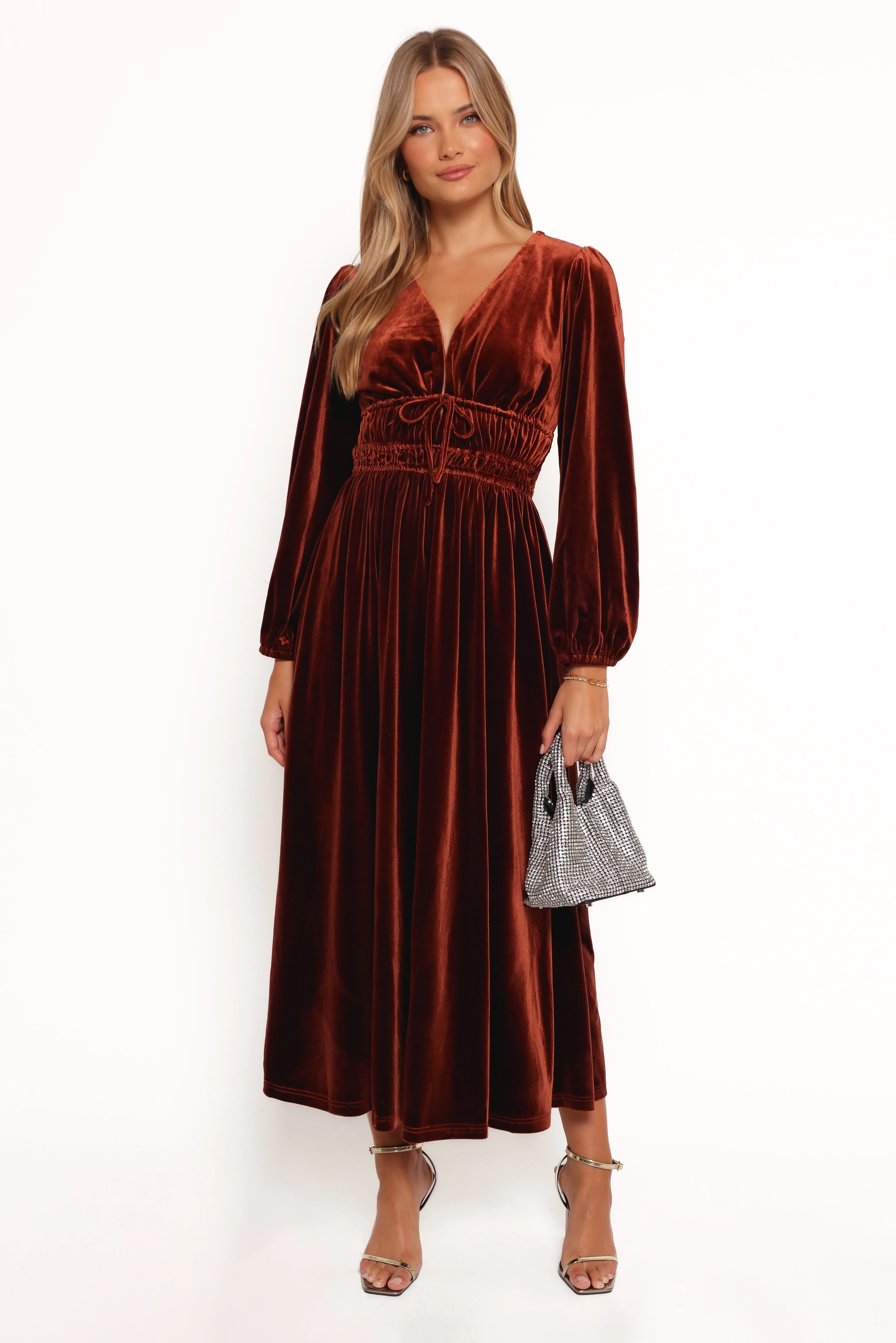 Cece Velvet Long Sleeve Maxi Dress - Rust