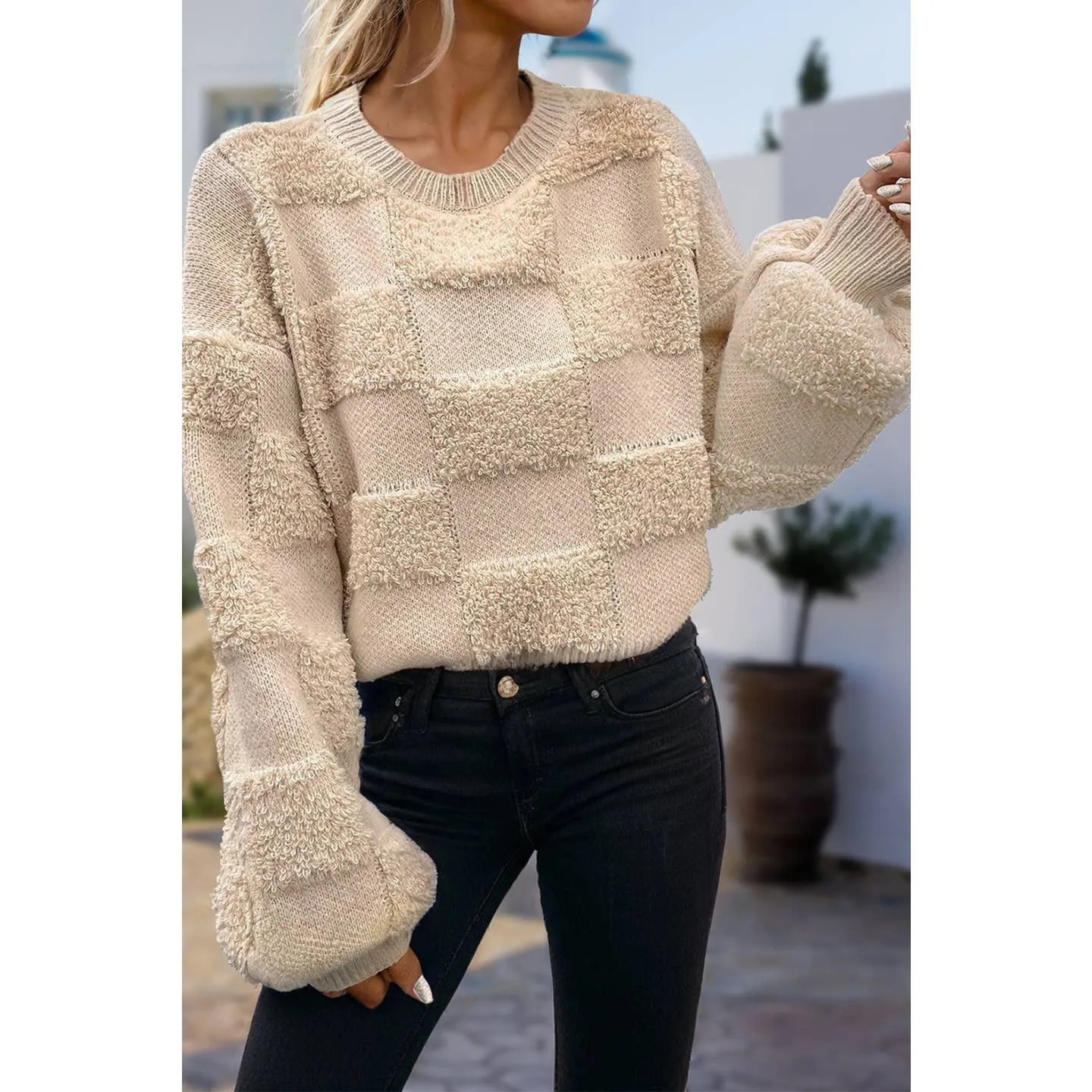 Checkered Pattern Sherpa Sweater