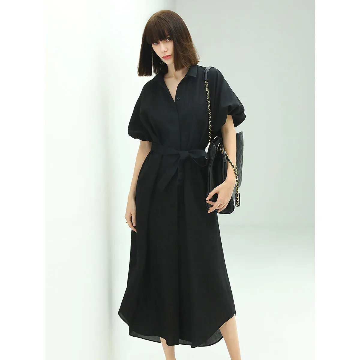 Corporate Puff Sleeved Belted Shirt Dress