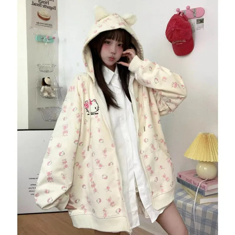 Cute Kitty Floral Hooded Sweater KI615