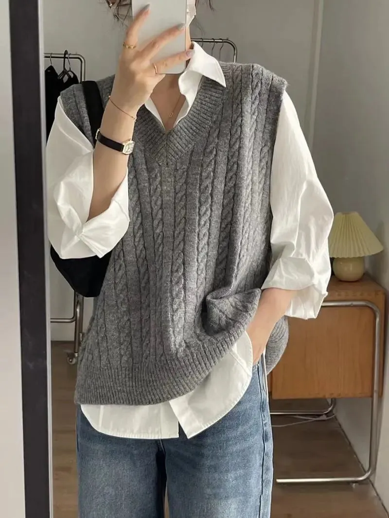 deanwangkt V Neck Knitted Vest Sweater Sleeveless Women Khaki Casual Pullover Black Autumn Winter Gray Jumper Fashion