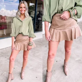 Dose of Dreamy Faux Leather Ruffle Mini Skort in Taupe