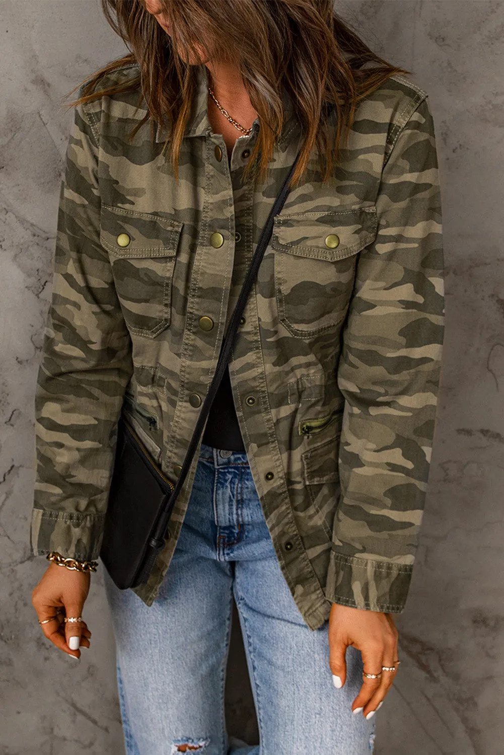 Double Take Camouflage Snap Down Jacket