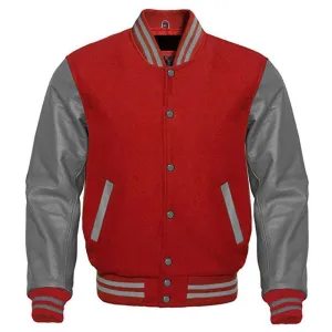 Dynamic Red and Grey Varsity Jacket with Customizable Logos for Men