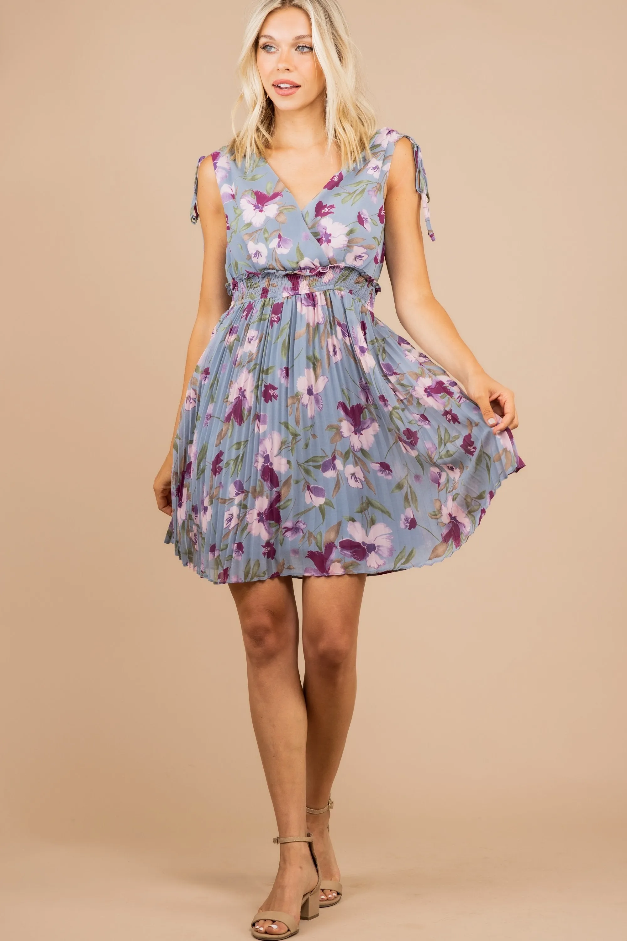 Elegant Affair Dusty Blue Floral Dress