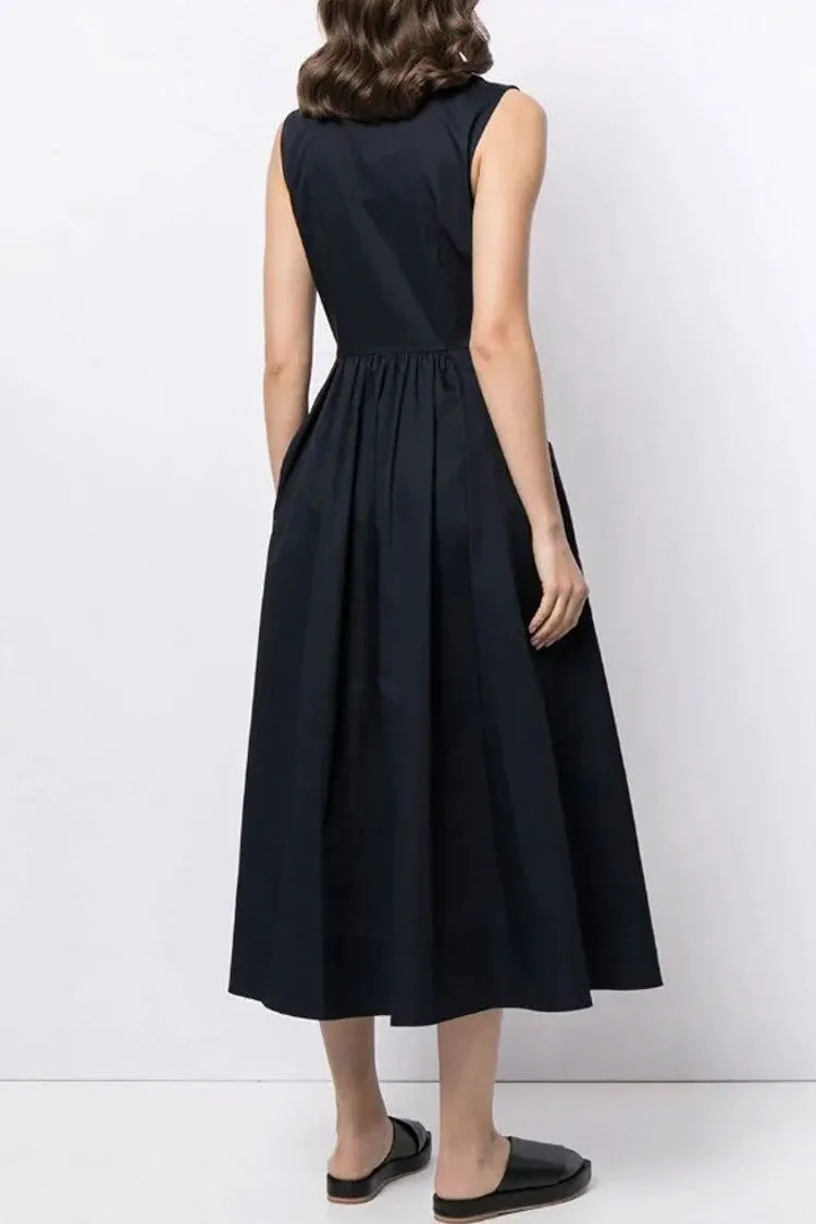 Elegant Sleeveless Cargo Pocket Button Down Skater Midi Dress - Black