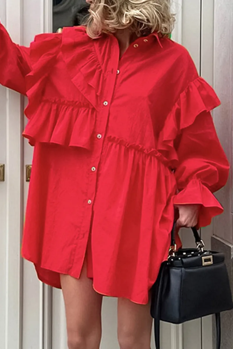 Elegant Solid Flounce Asymmetrical Turndown Collar Shirt Dress Dresses