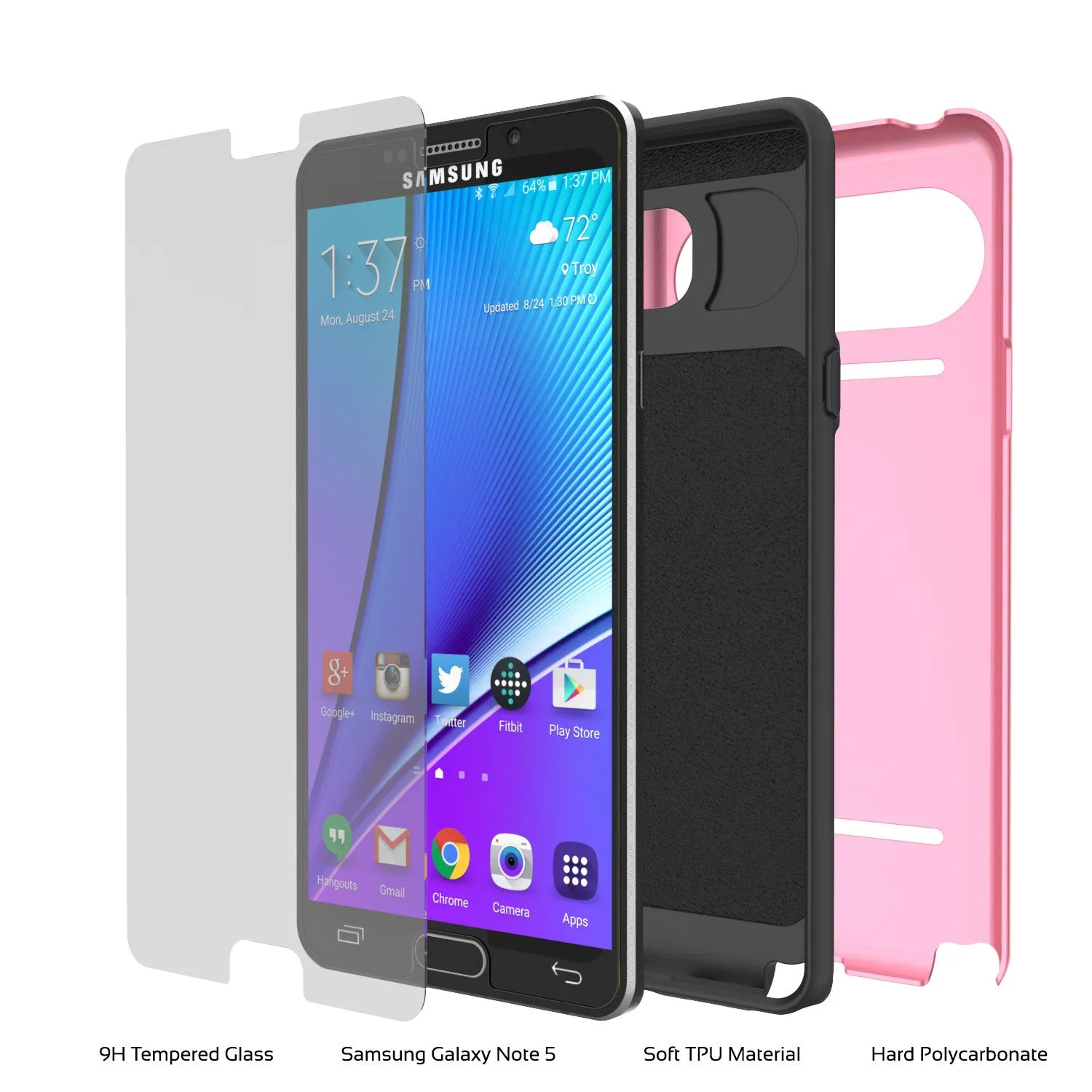 Galaxy Note 5 Case PunkCase CLUTCH Pink Series Slim Armor Soft Cover Case w/ Tempered Glass