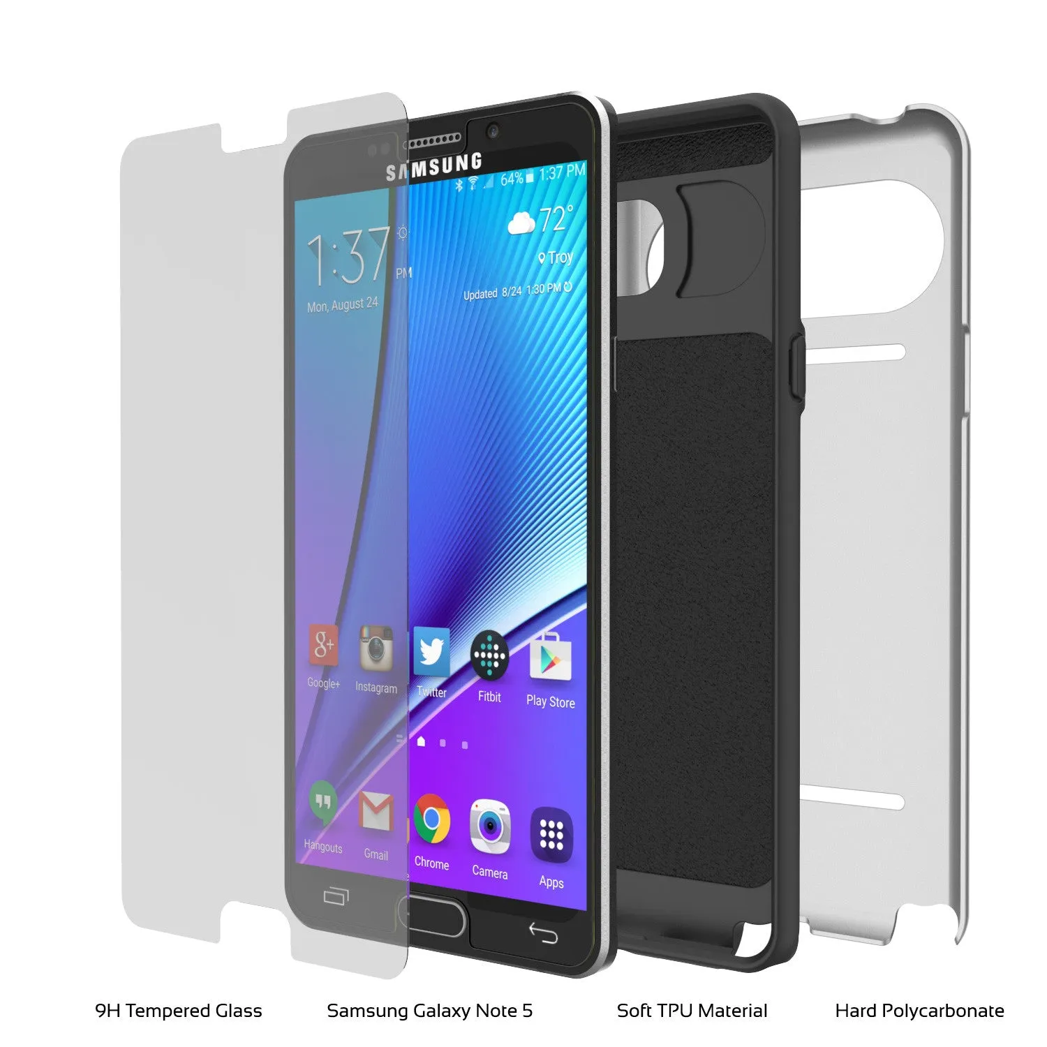 Galaxy Note 5 Case PunkCase CLUTCH Silver Series Slim Armor Soft Cover Case w/ Tempered Glass