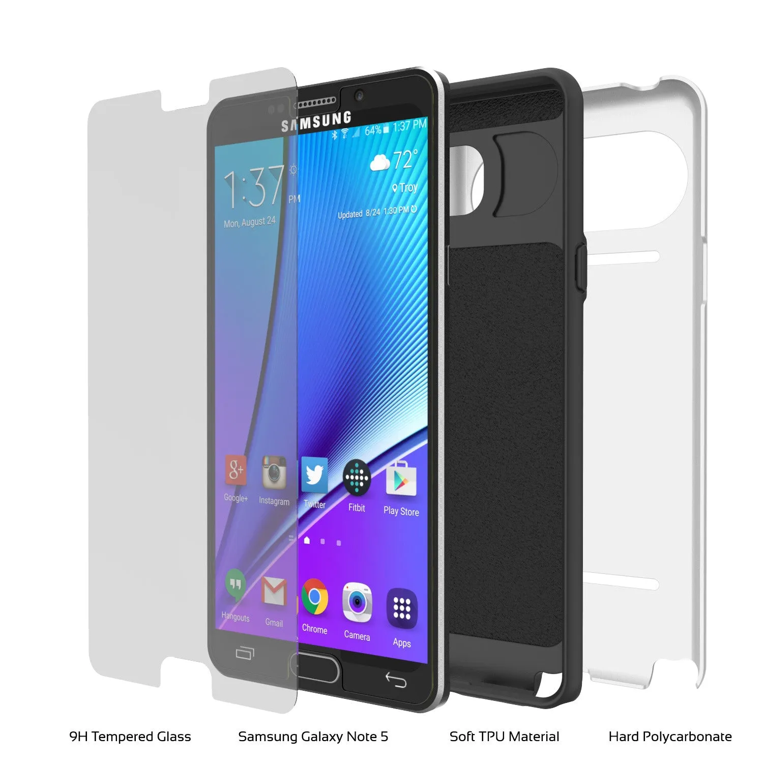 Galaxy Note 5 Case PunkCase CLUTCH White Series Slim Armor Soft Cover Case w/ Tempered Glass