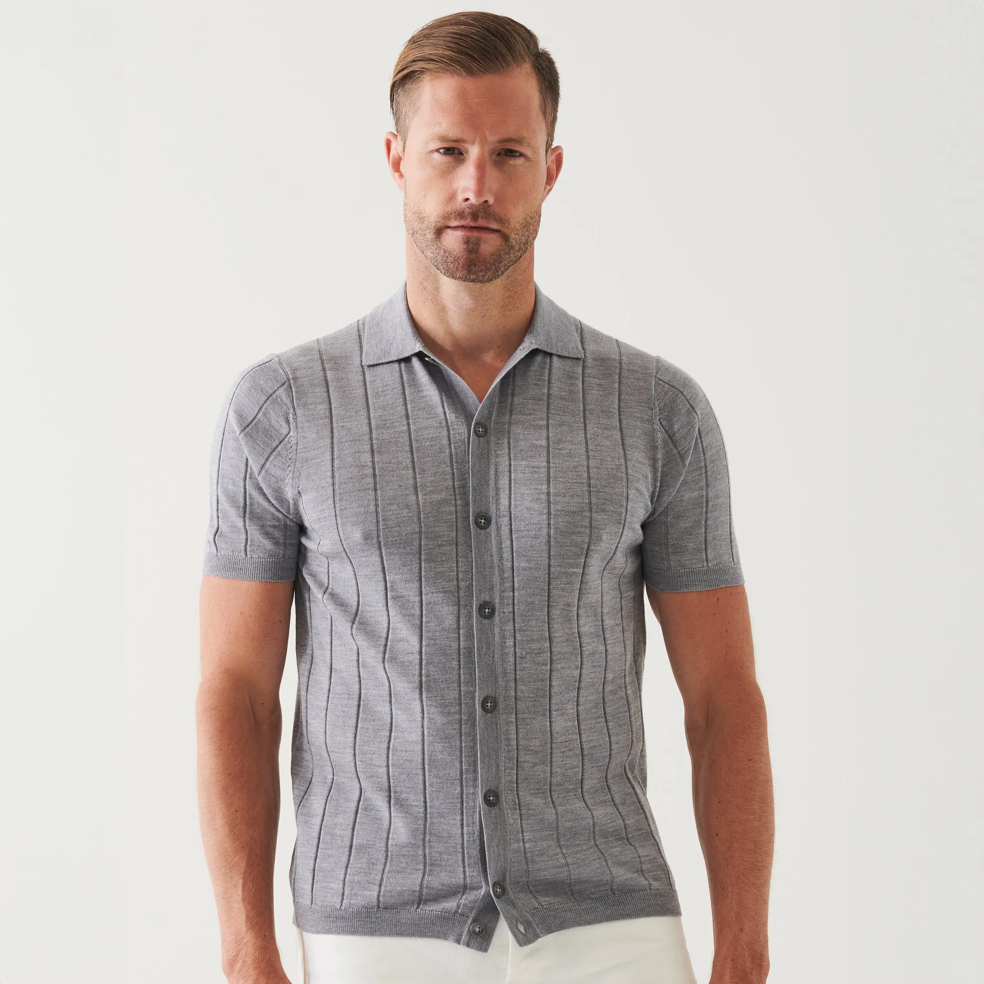 Ghost Grey Knit Button Short Sleeve Merino-Silk Polo - Patrick Assaraf