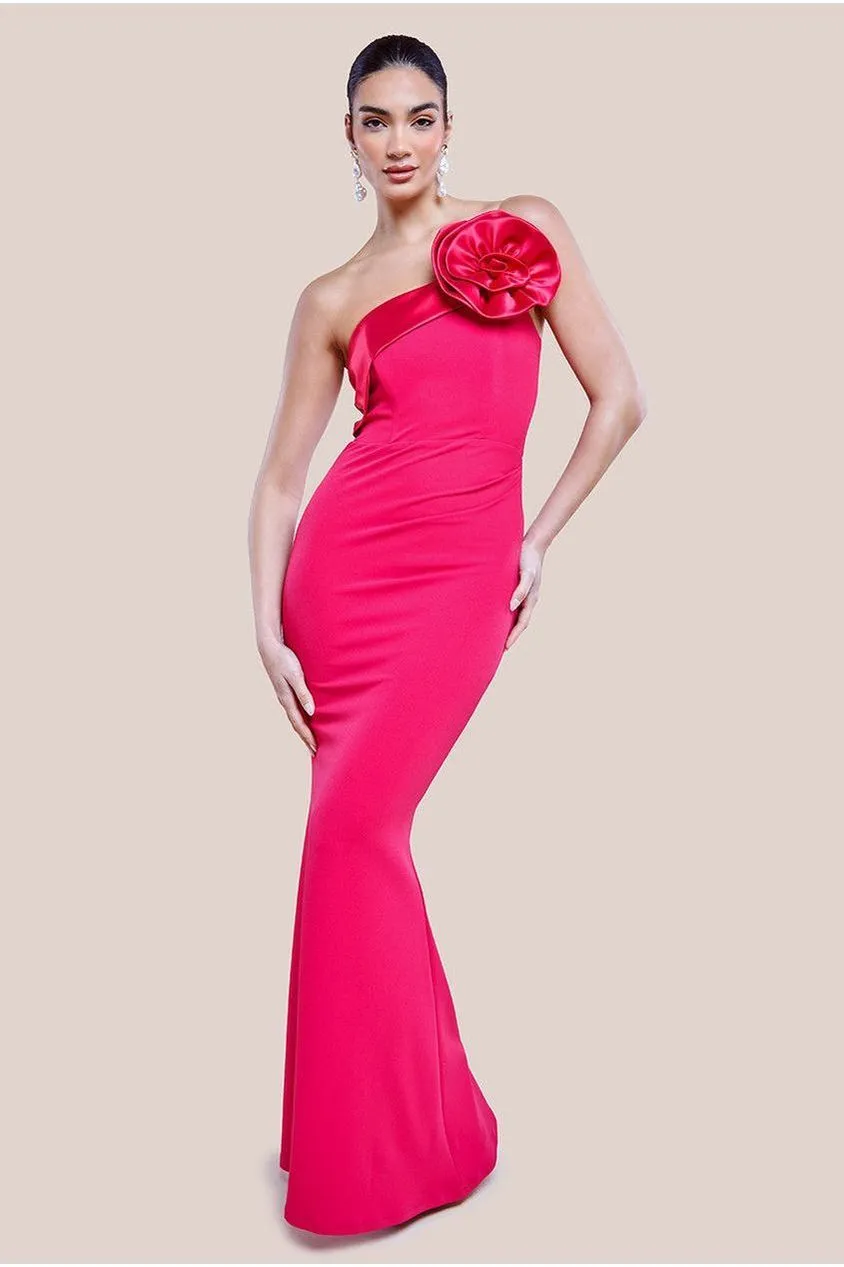 Goddiva Satin Corsage Scuba Crepe Maxi Dress - Magenta