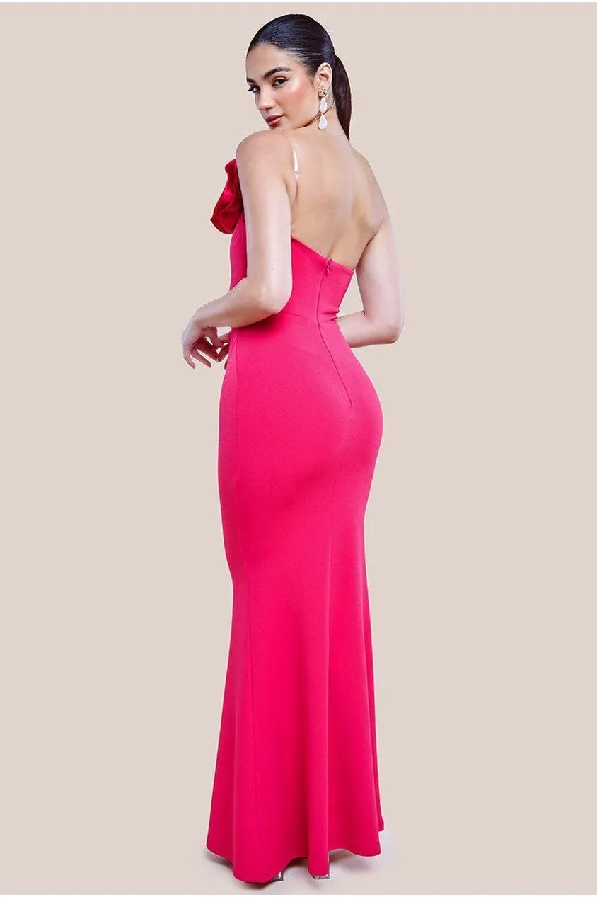 Goddiva Satin Corsage Scuba Crepe Maxi Dress - Magenta