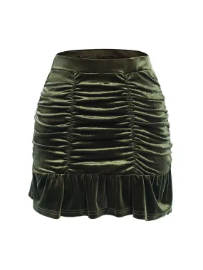 Green 1960s Solid Wrinkles Velvet Skirt