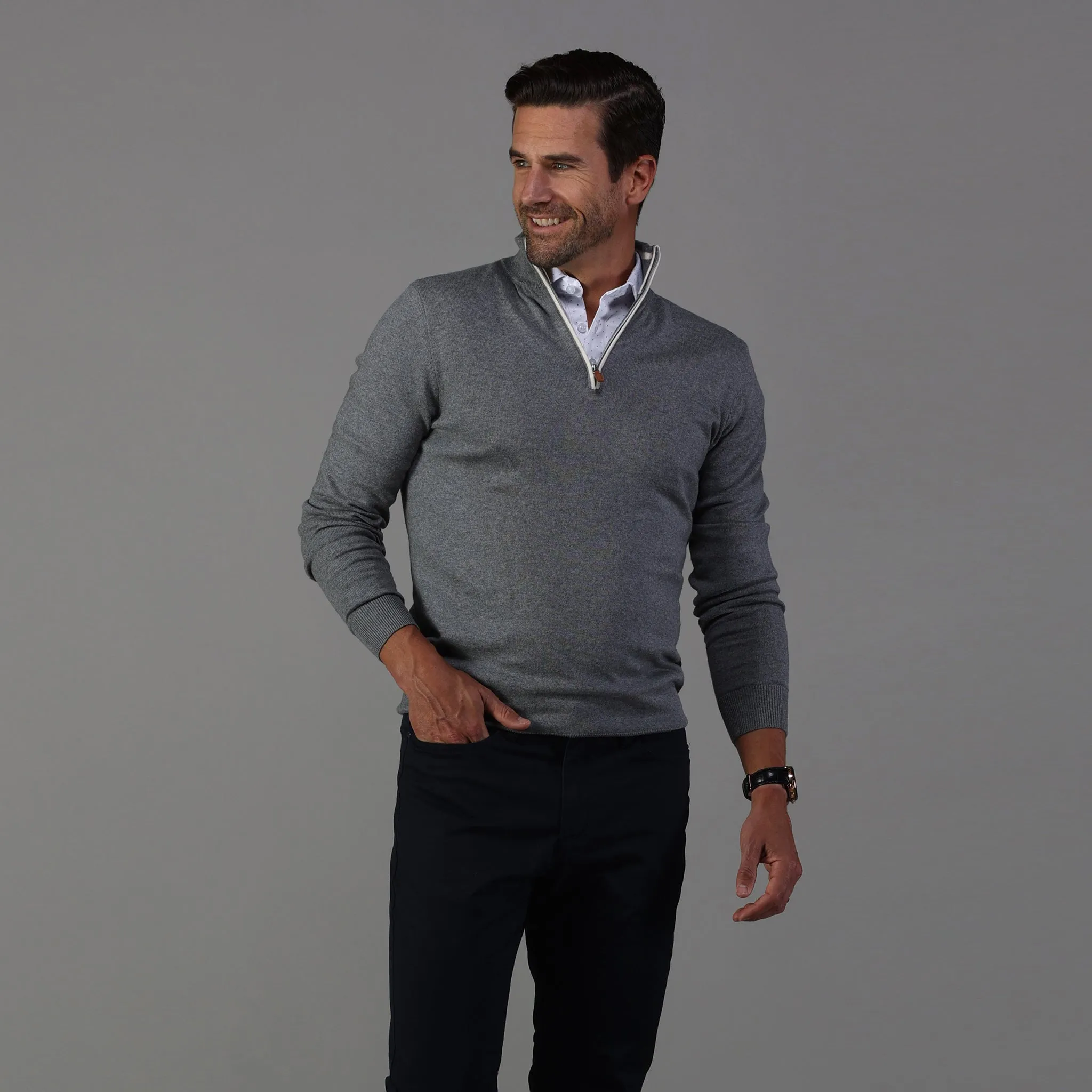 Grey with White Trim Luxury Touch Cotton and Cashmere Quarter Zip Sweater