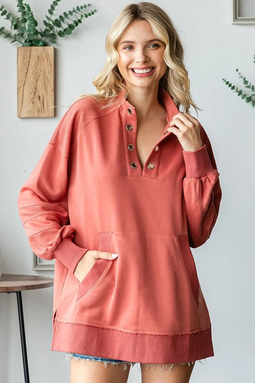 Grommet Split Neck Kangaroo Pocket Sweatshirt