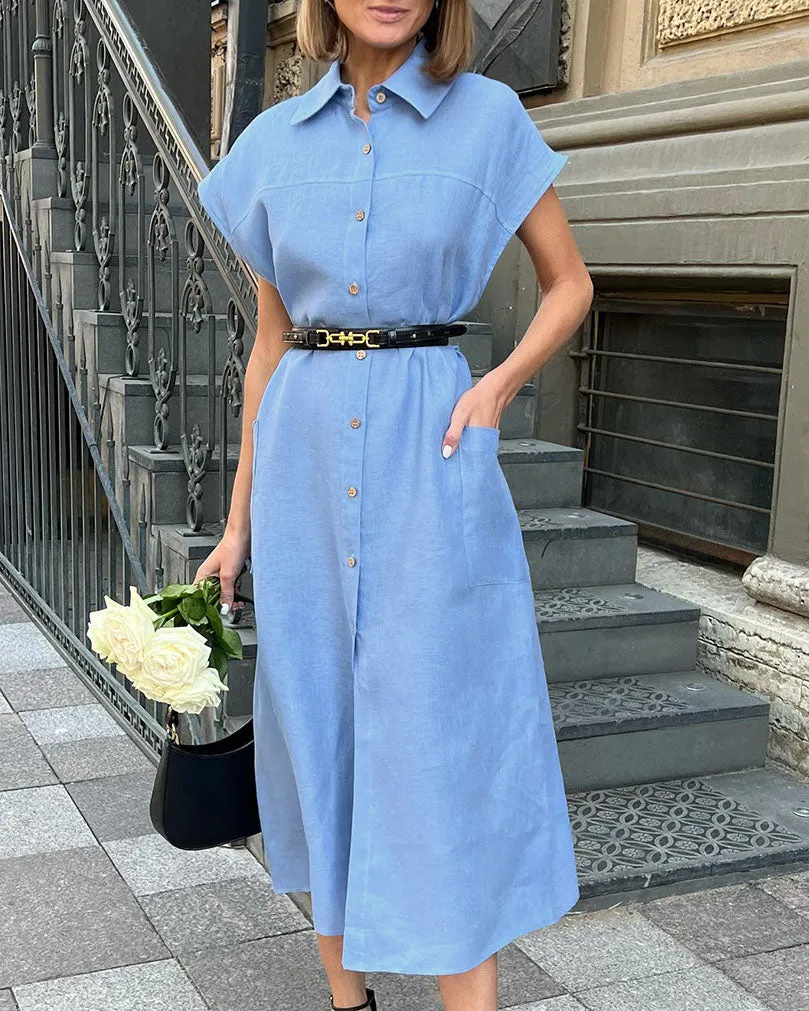 High waist tie cotton and linen shirt collar dress