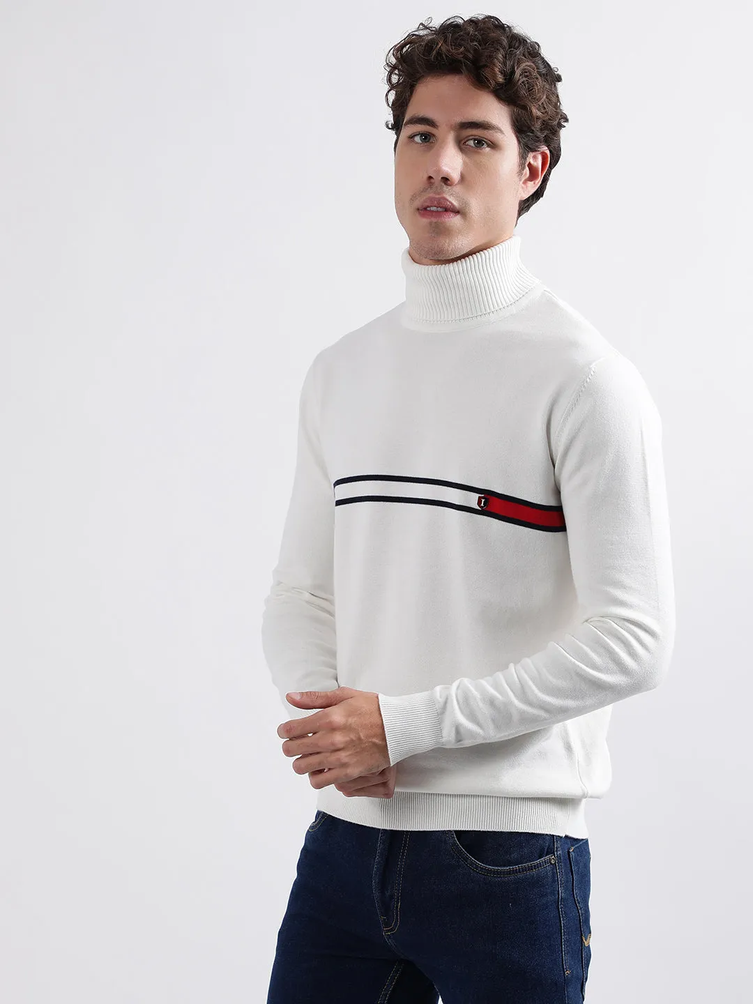 Iconic Men White Solid Turtle Neck Full Sleeves Pullover Style Sweater