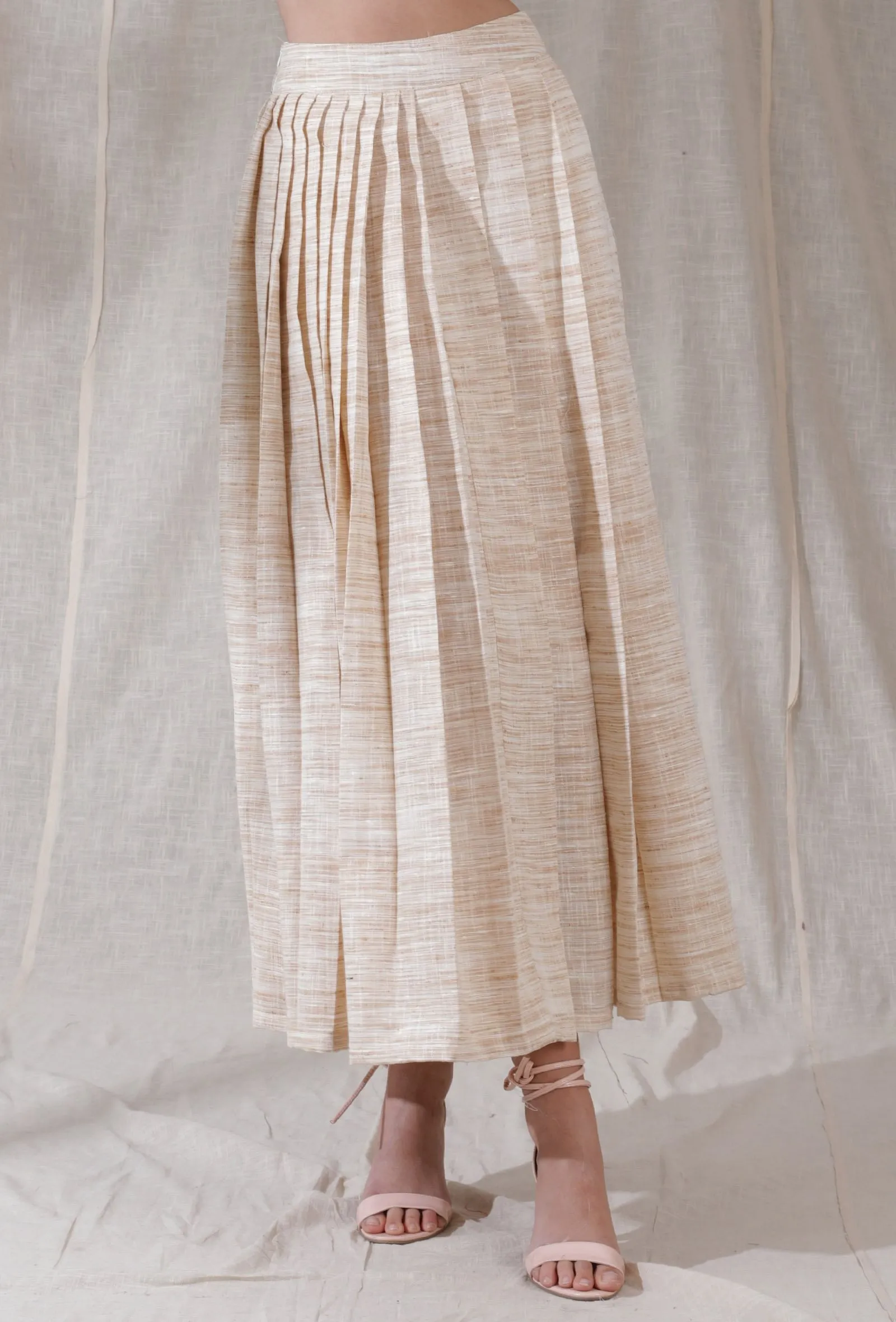 Ivory tan color khadi pleated flared ankle length skirt