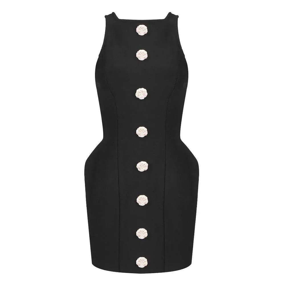 Jelliannah Flowers Button Black Mini Dress