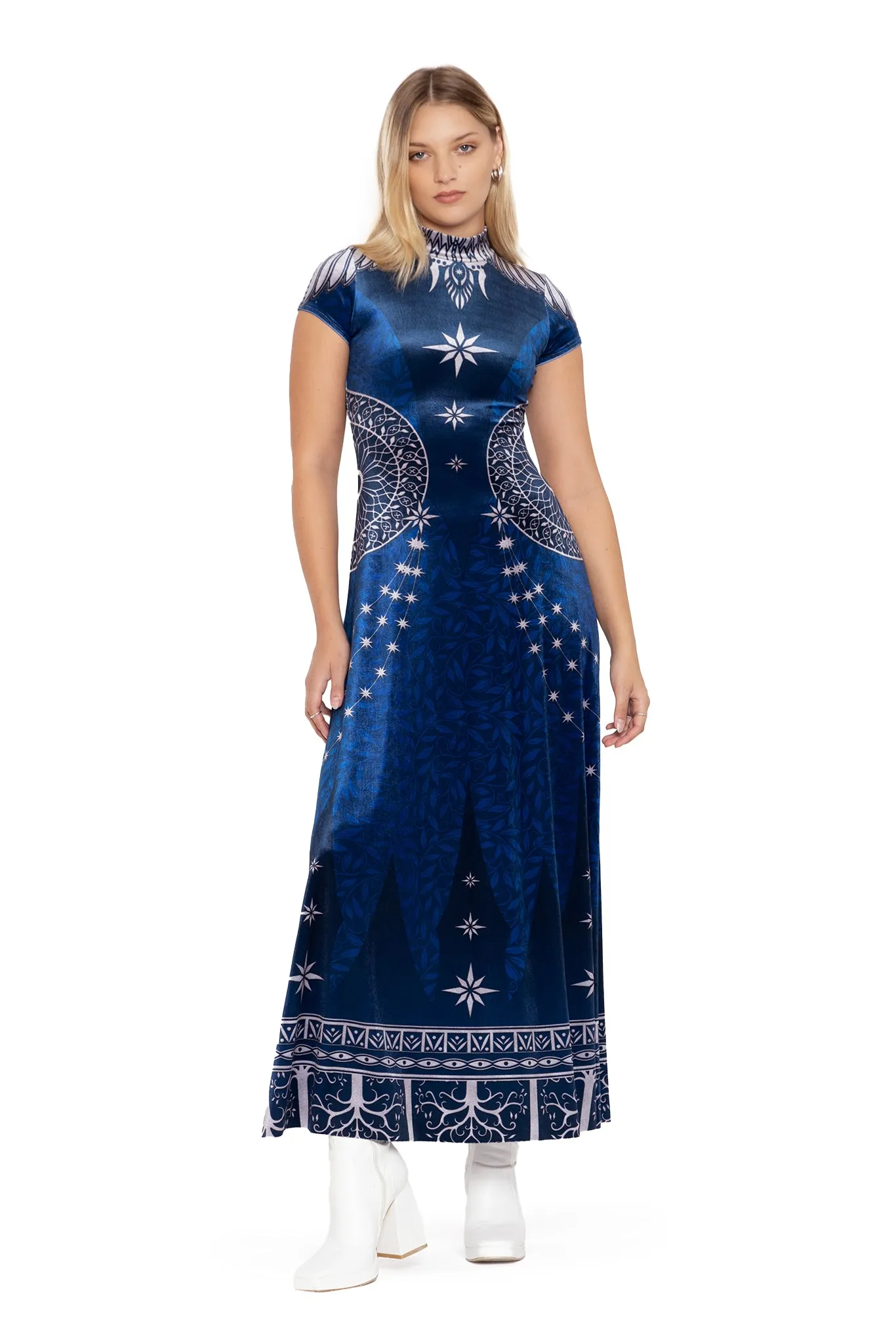 King Of Gondor Velvet High Neck Cap Sleeve Maxi Dress