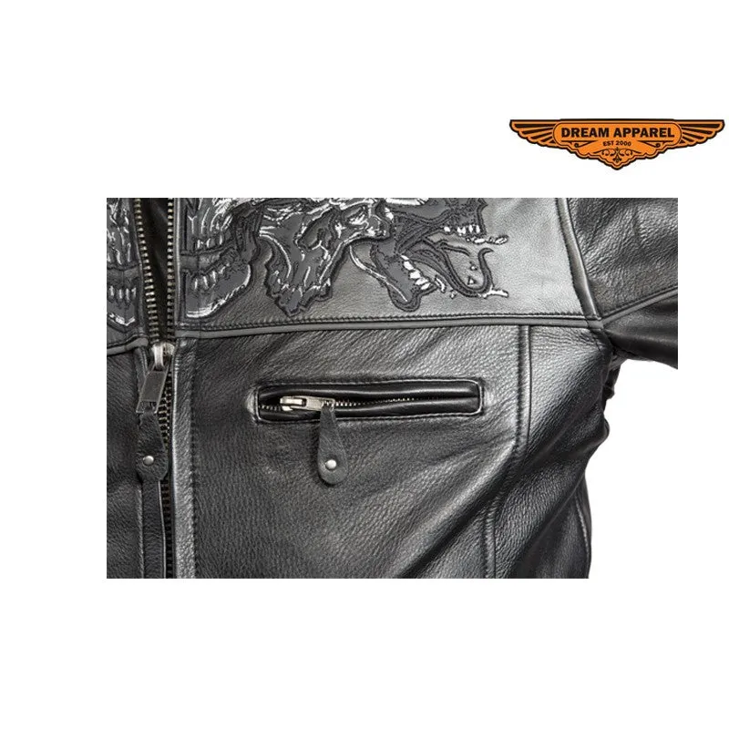 Leather Jacket With Sleek Collar and Reflective Skulls & Gun Pockets