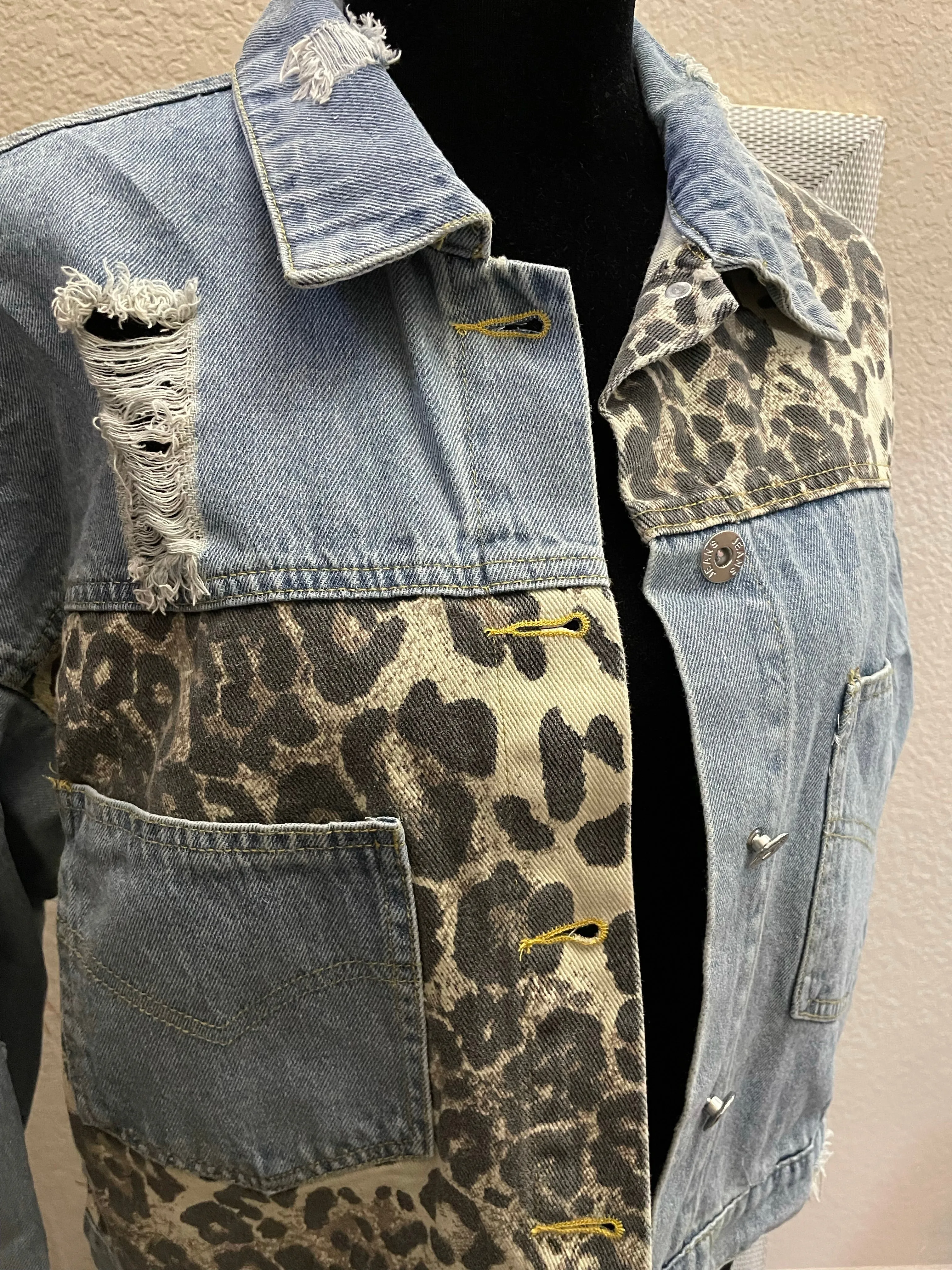 Leopard Patchwork Blue Jean Denim Jacket