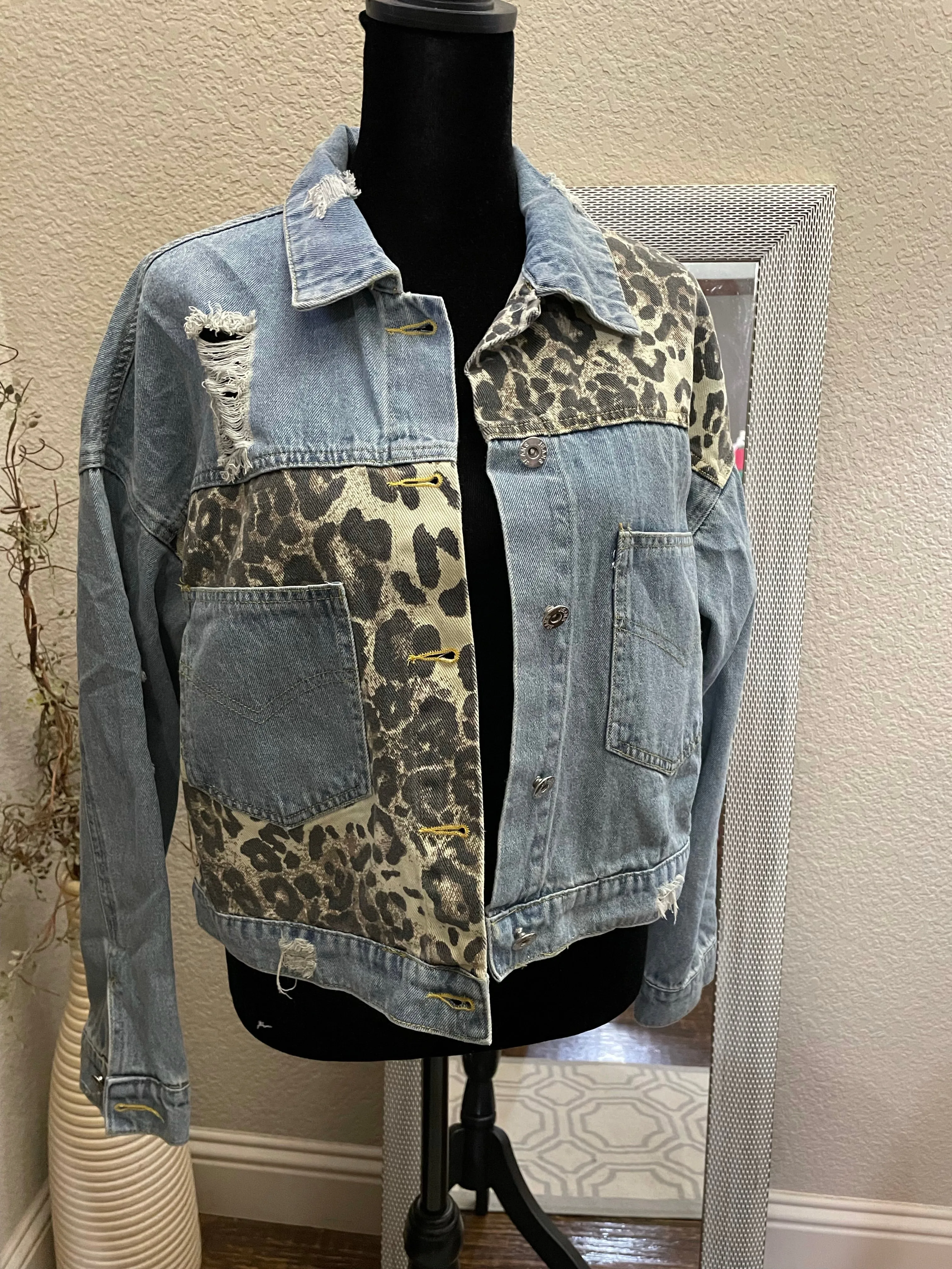 Leopard Patchwork Blue Jean Denim Jacket