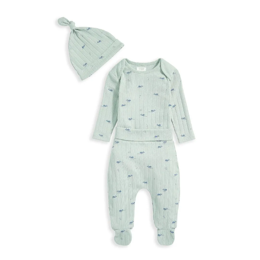 Mamas and Papas Whale Ribbed Bodysuit, Print Pants & Beanie - 3 Piece Set