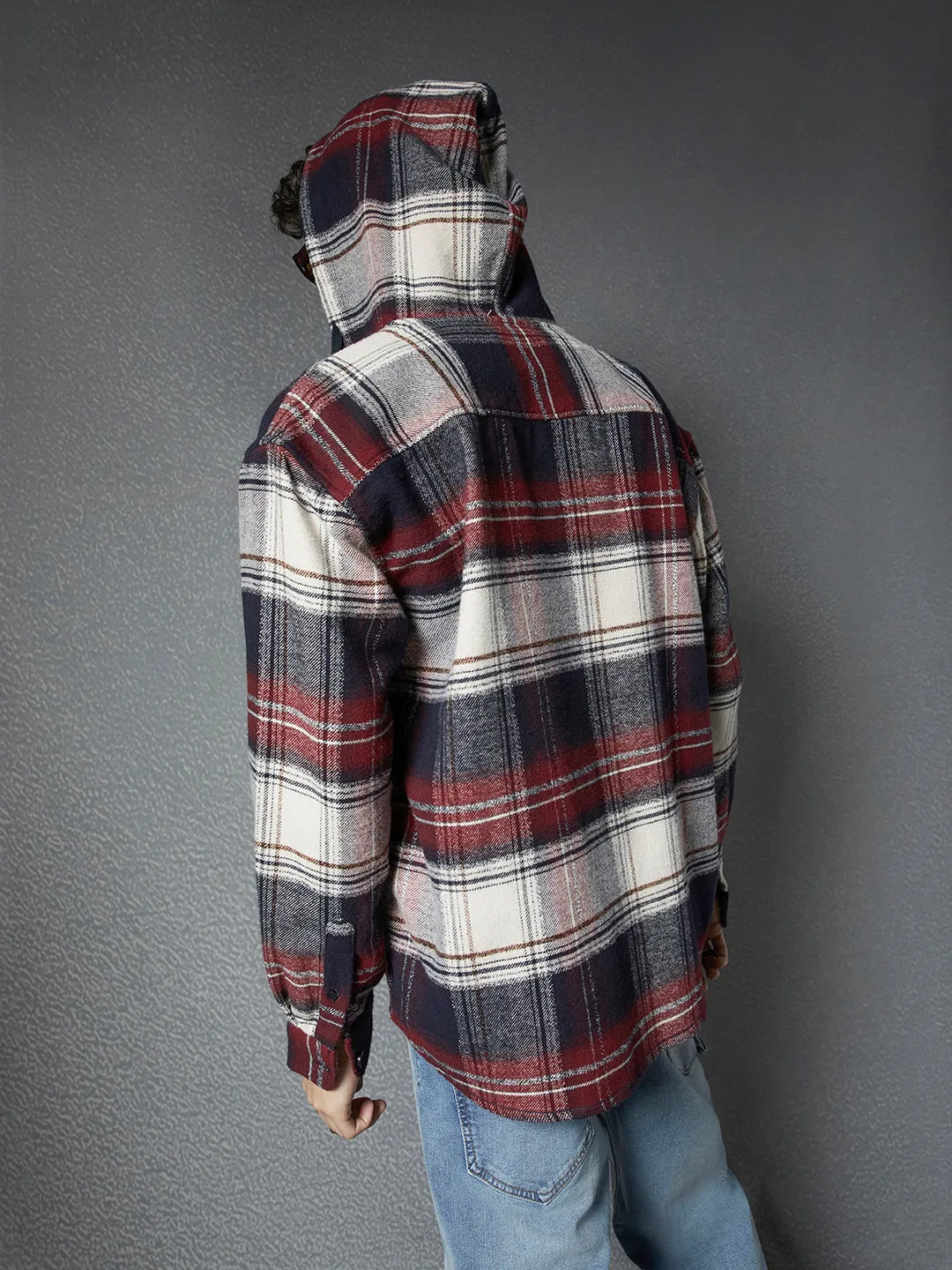 Men Relax fit cotton brushed flannel street look Multi checked hoodie shacket