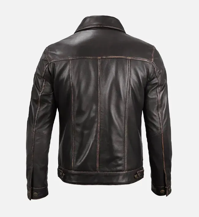 Men's Dark Brown Leather Trucker Jacket