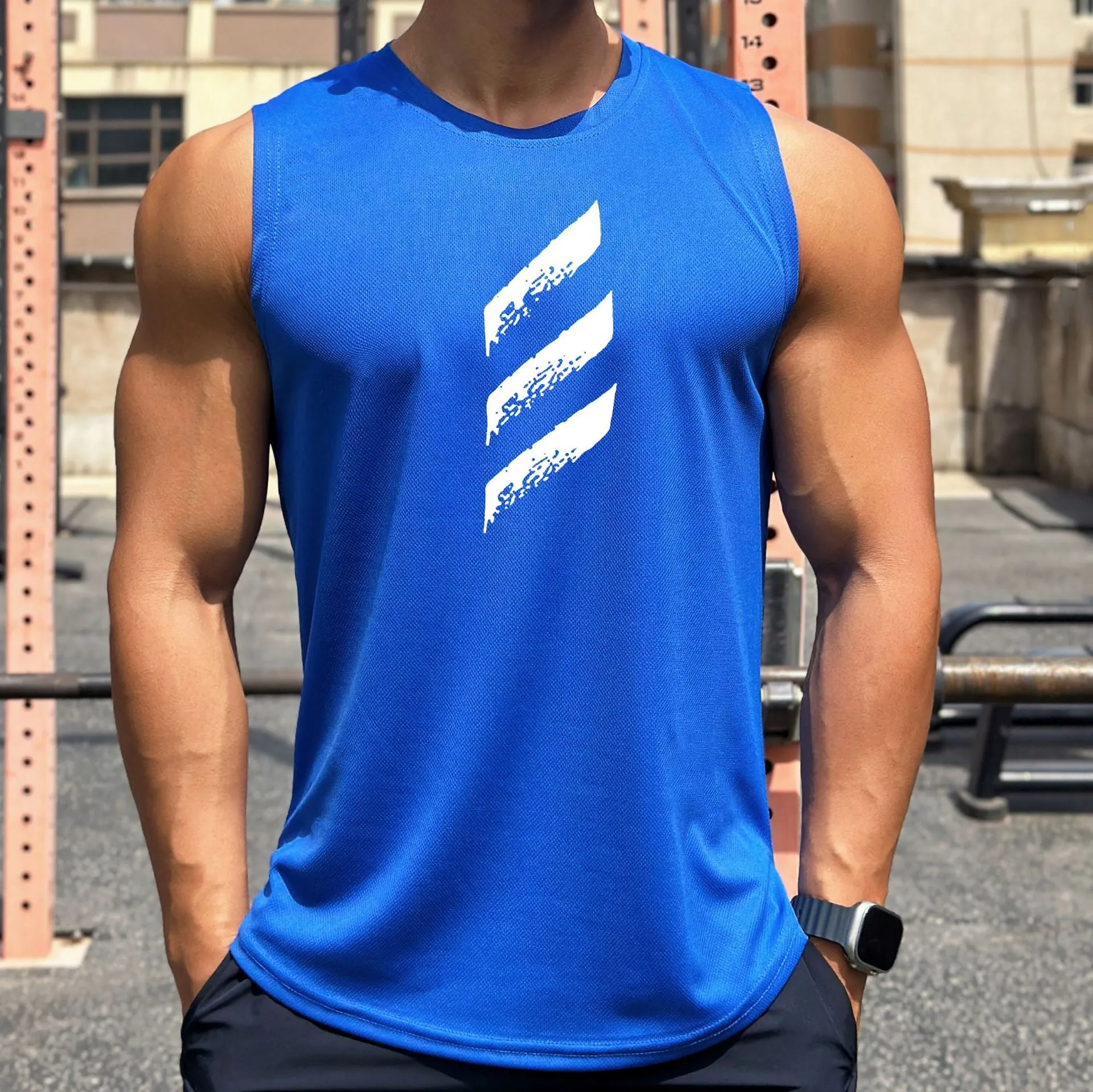 Mens Pullover Round Neck Mesh Base Sports Fitness Sleeveless Quick-Drying Vest