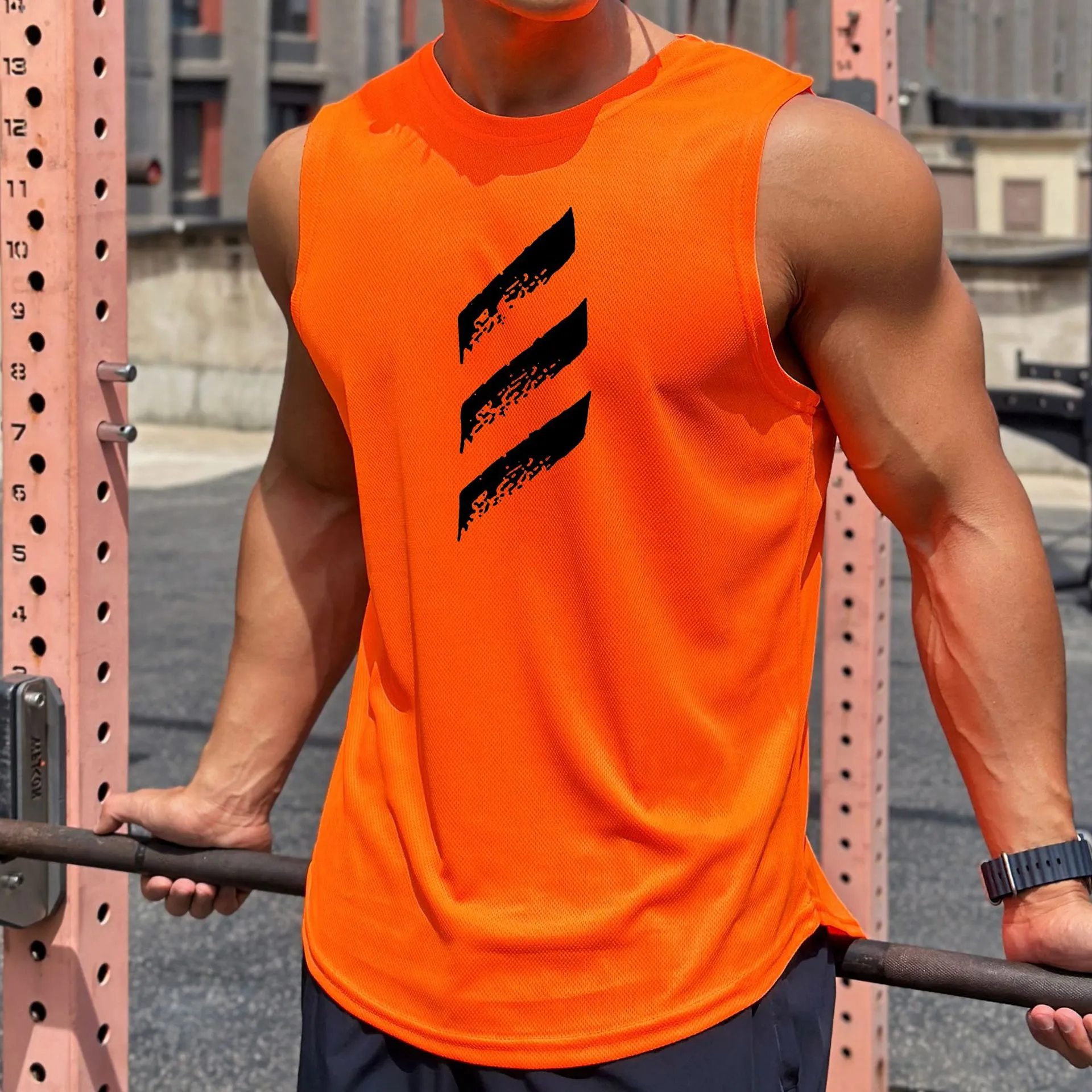 Mens Pullover Round Neck Mesh Base Sports Fitness Sleeveless Quick-Drying Vest