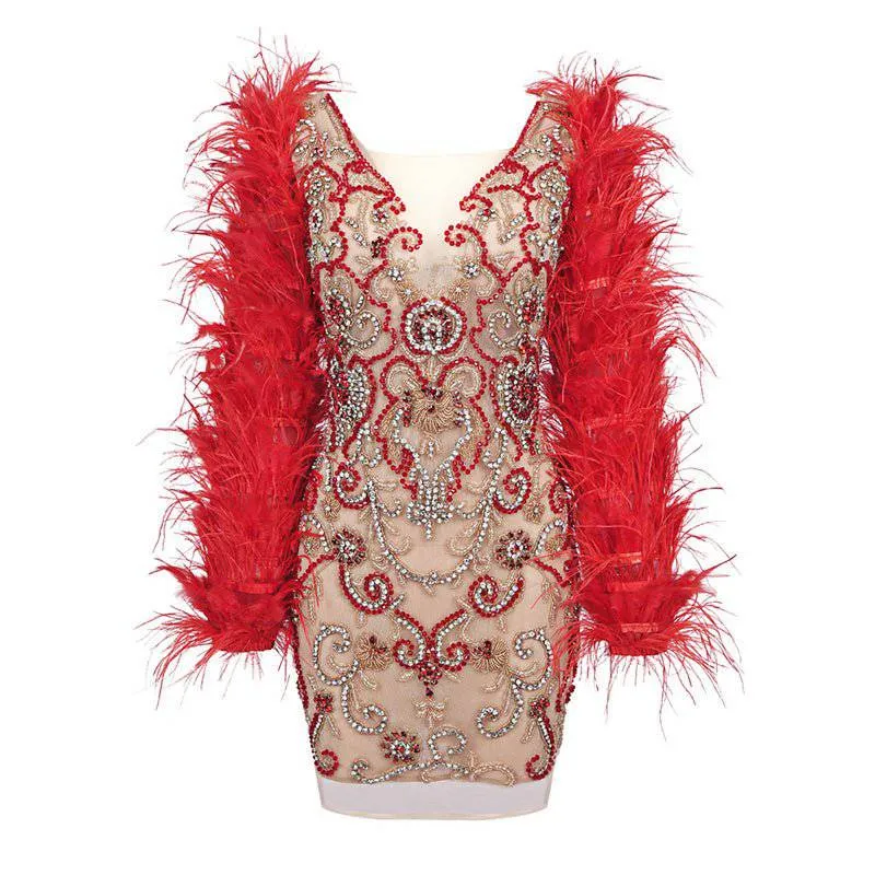 Mildred Feather Beaded Mini Dress – Glamorous Long Sleeve Design