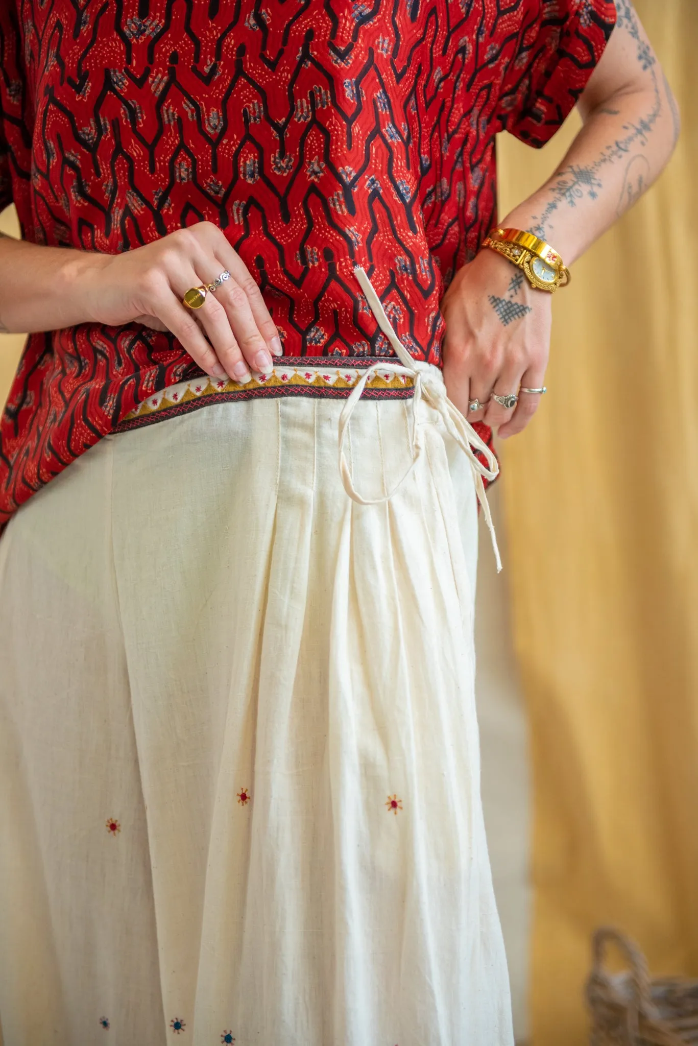 Mirror Embroidered Natural Wide Leg Pants