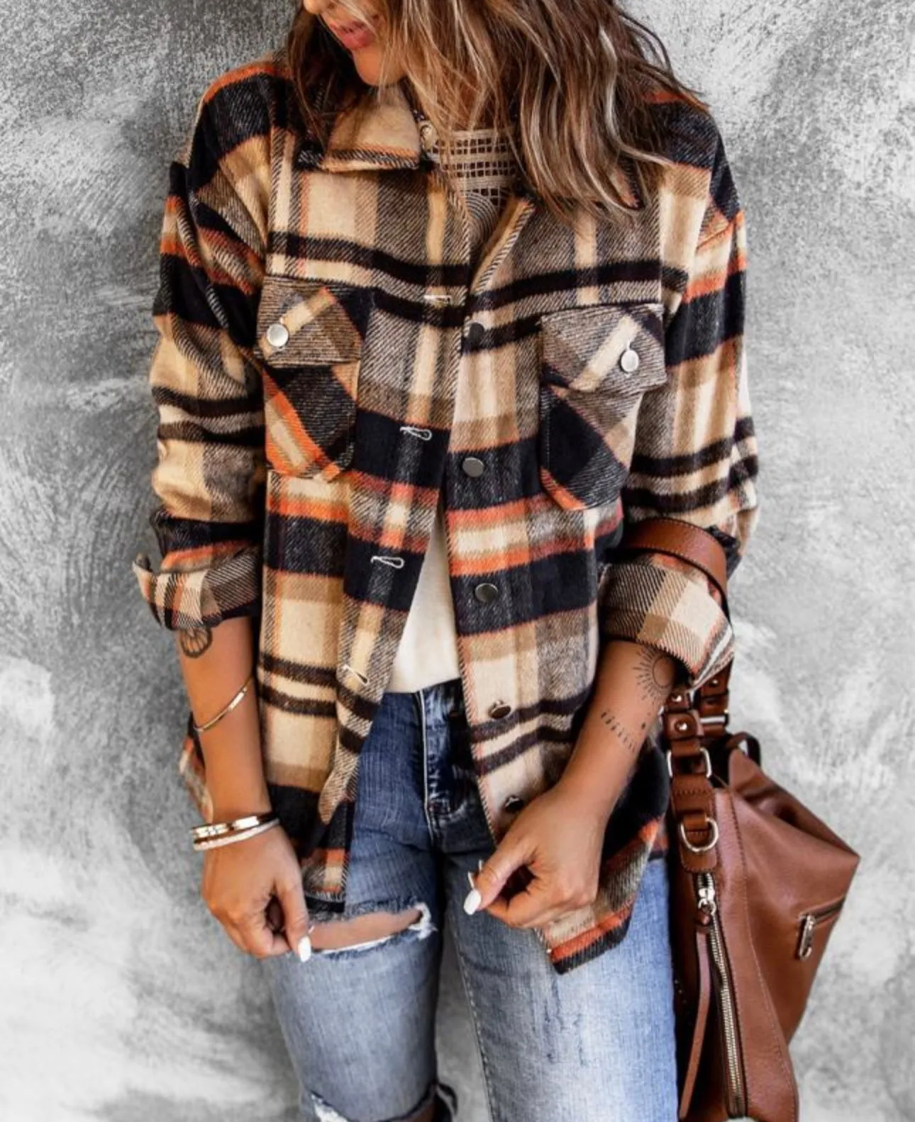 Multicolor/Tan Plaid Flannel Shacket