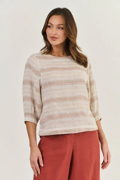 Naturals by O&J - Linen 2/3 Sleeve Top-Travertine