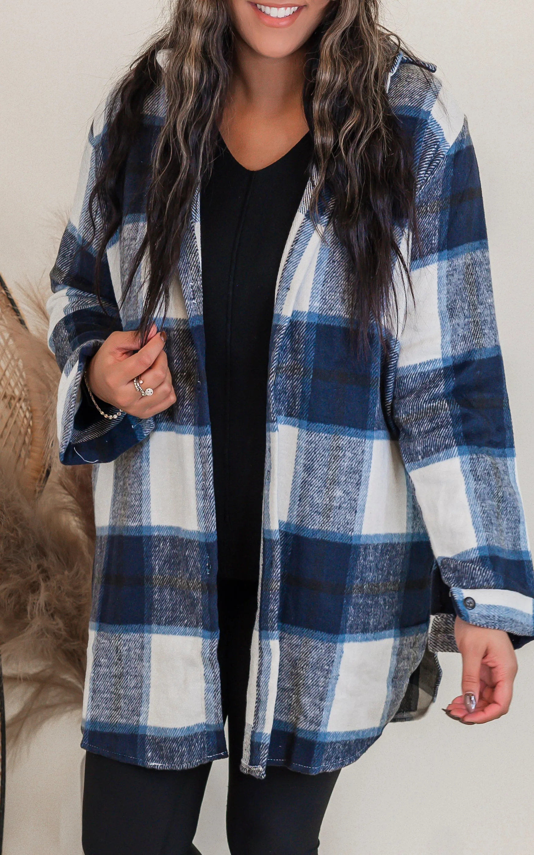 Navy Checked Long Plaid Shacket