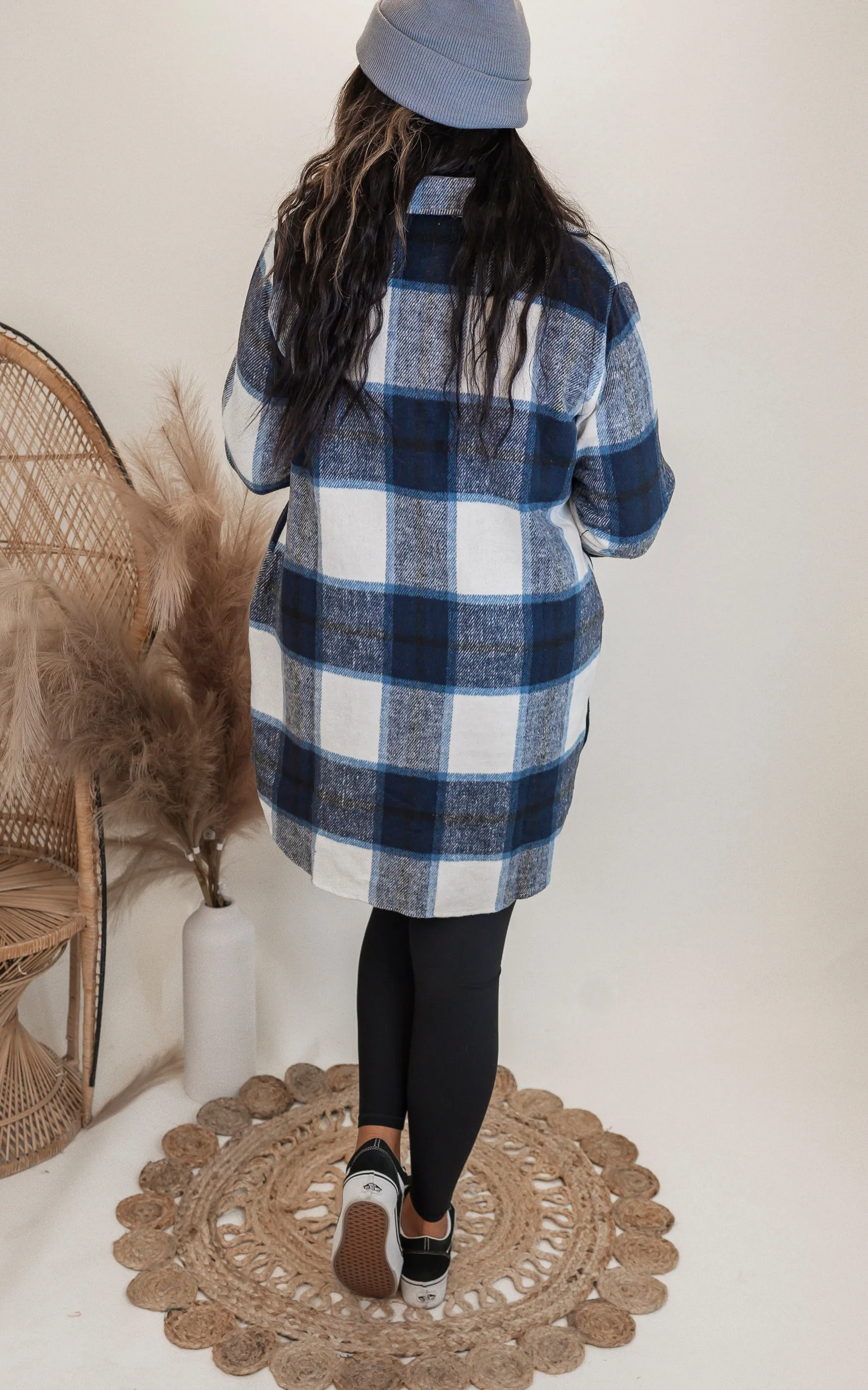 Navy Checked Long Plaid Shacket