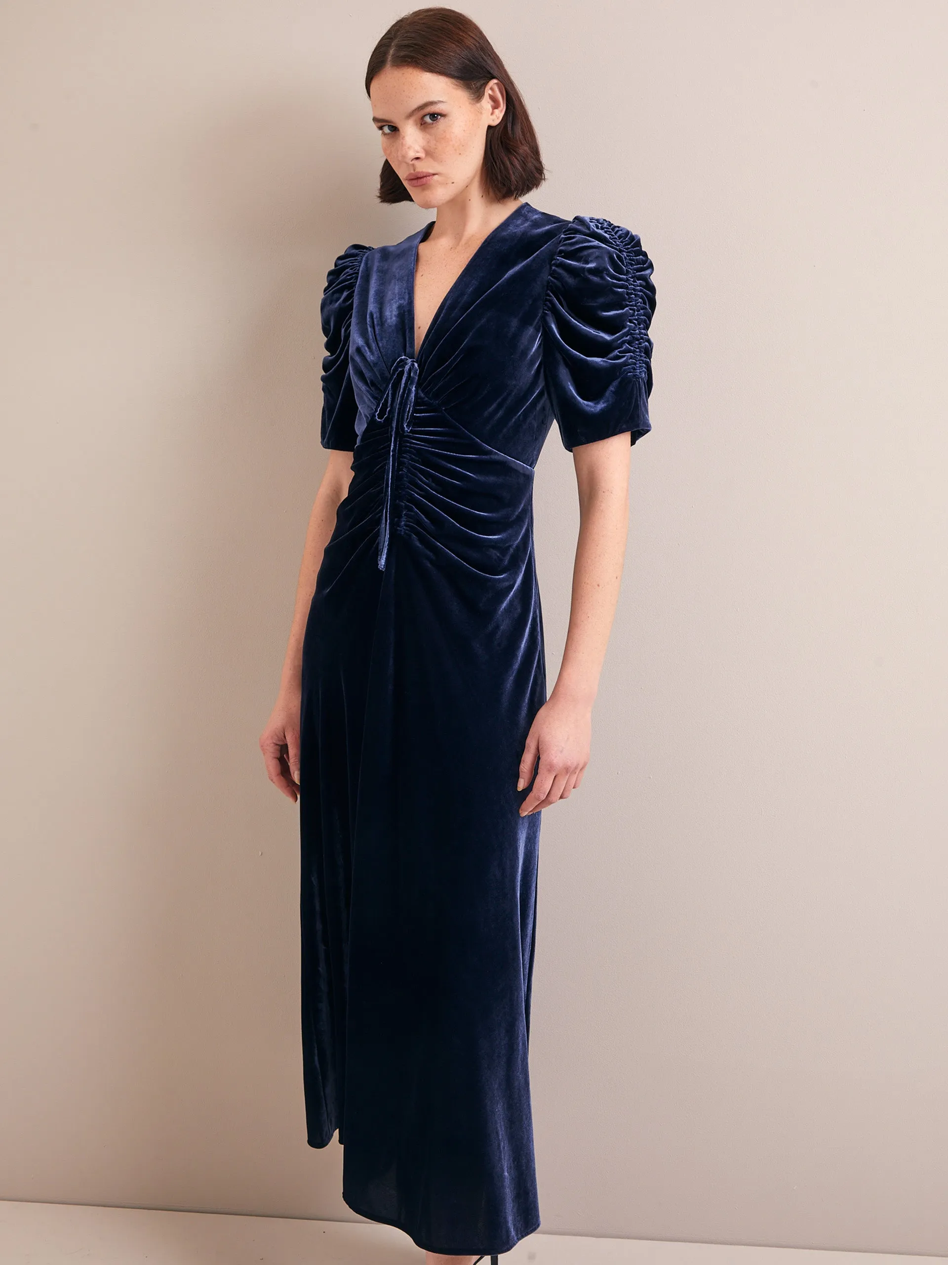 Navy Ophelia bias cut velvet maxi dress