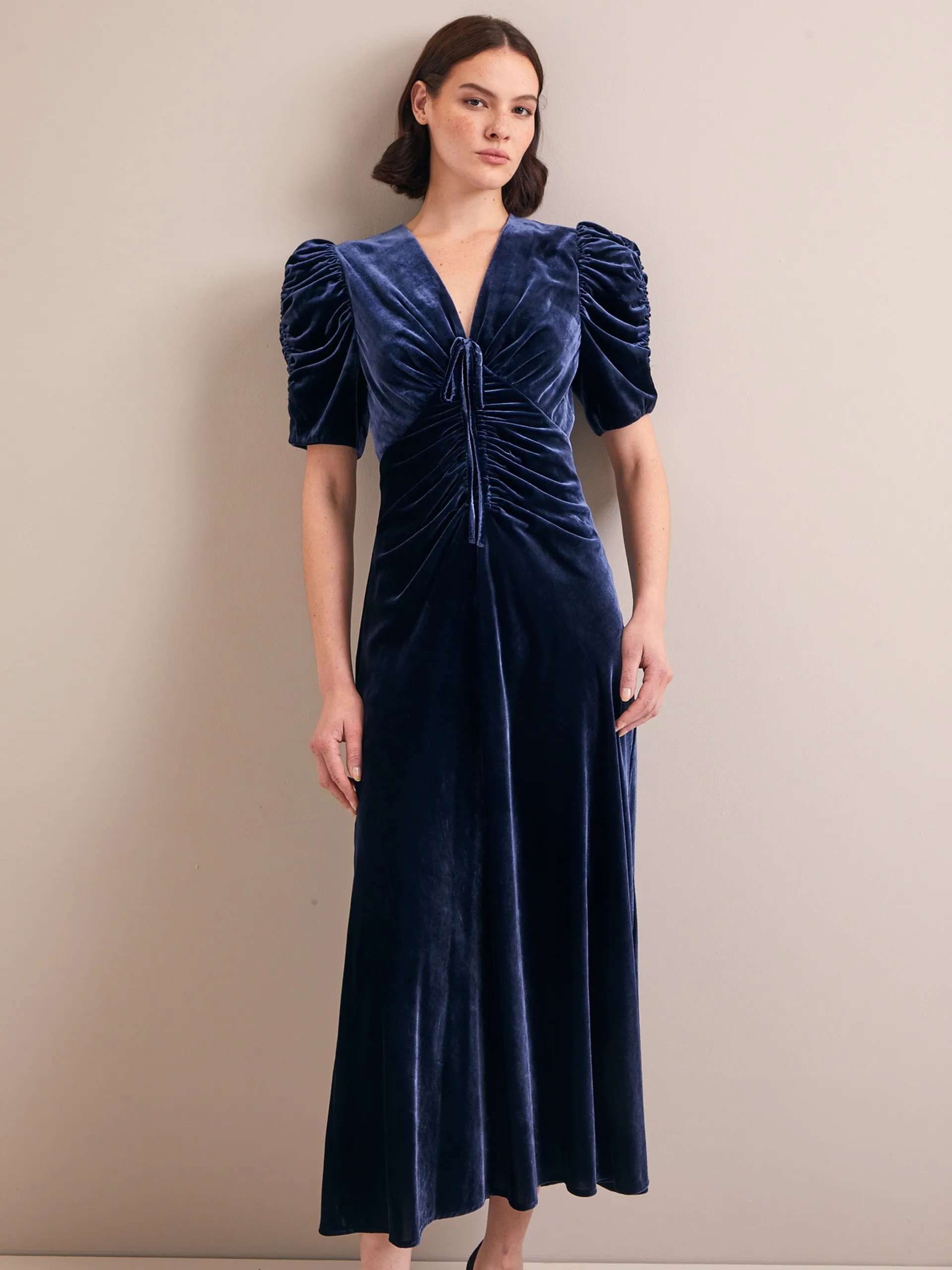 Navy Ophelia bias cut velvet maxi dress